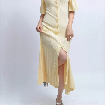 Rochie midi cu bloc de culoare, tricot gol, guler rotund, talie înaltă