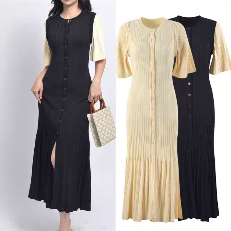 Rochie midi cu bloc de culoare, tricot gol, guler rotund, talie înaltă