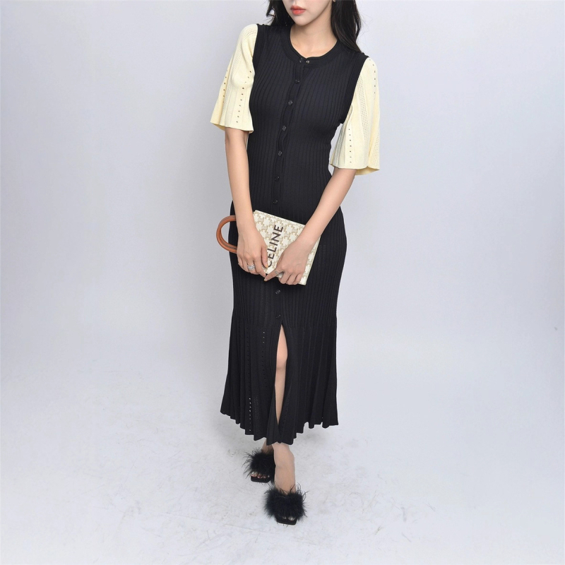 Rochie midi cu bloc de culoare, tricot gol, guler rotund, talie înaltă