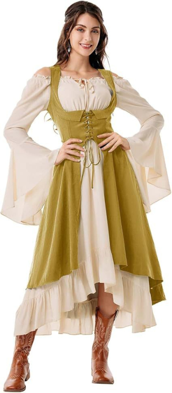 Rochie feminină în stil renascentist, cu înfășurare la bust, lungă, guler semi-deschis, din Vinylon