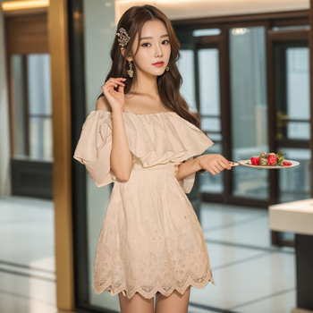 Rochie din bumbac cu un umăr, croială A-line, broderie, talie înaltă