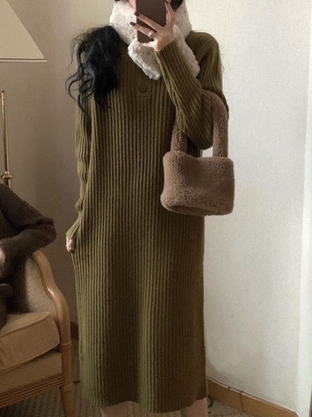 Rochie tricotată cu guler înalt, panouri tricotate, culoare solidă, lungă, amestec poliester-viscose, stil urban de bază