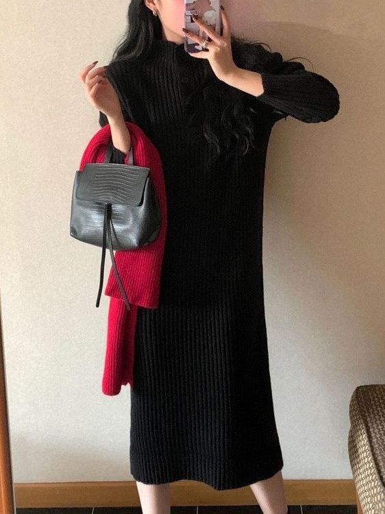 Rochie tricotată cu guler înalt, panouri tricotate, culoare solidă, lungă, amestec poliester-viscose, stil urban de bază