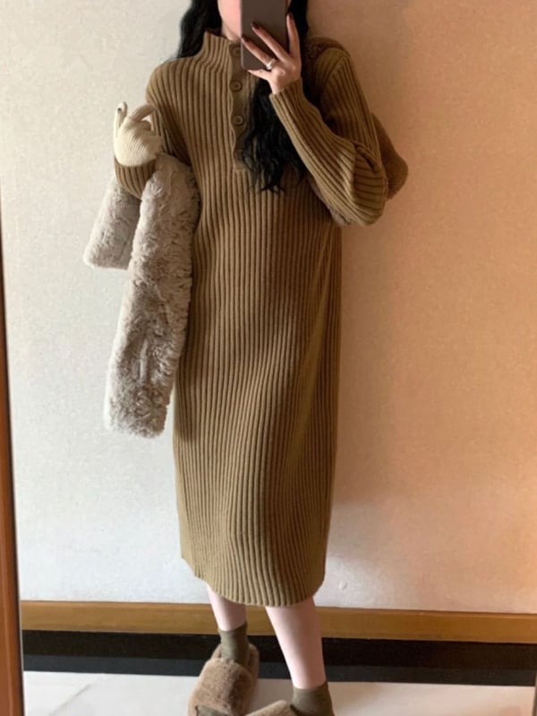 Rochie tricotată cu guler înalt, panouri tricotate, culoare solidă, lungă, amestec poliester-viscose, stil urban de bază