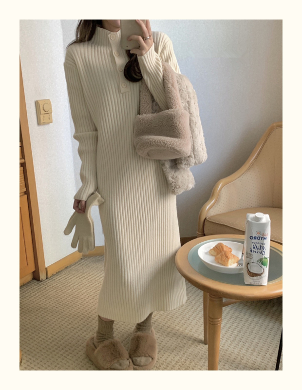 Rochie tricotată cu guler înalt, panouri tricotate, culoare solidă, lungă, amestec poliester-viscose, stil urban de bază