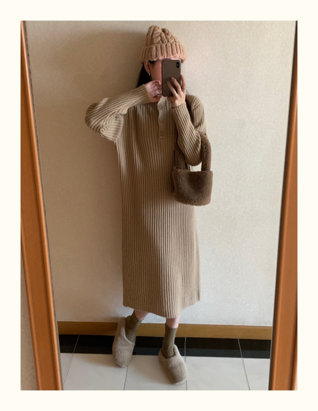 Rochie tricotată cu guler înalt, panouri tricotate, culoare solidă, lungă, amestec poliester-viscose, stil urban de bază