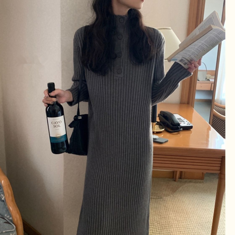 Rochie tricotată cu guler înalt, panouri tricotate, culoare solidă, lungă, amestec poliester-viscose, stil urban de bază