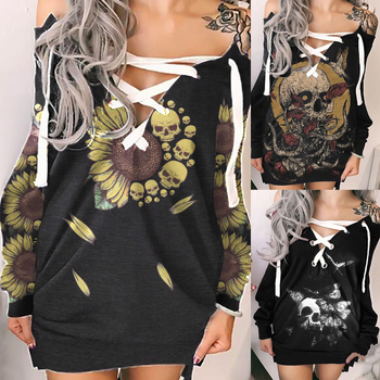 Šaty s potlačou lebky, bavlna-poliester, A-linijné midi dĺžky, V-výstrih, dlhé rukávy