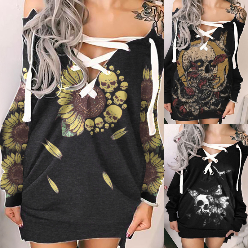 Šaty s potlačou lebky, bavlna-poliester, A-linijné midi dĺžky, V-výstrih, dlhé rukávy