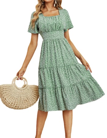 Šaty s hranatým výstrihom a balónovými rukávmi s kvetinovým motívom; tkanina z chemických vlákien; polyester 71–80%; technika: koláž šitie; elegantný štýl