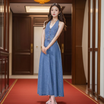 Denim šaty s halterneckom, A-líniou, stredná dĺžka, bez rukávov