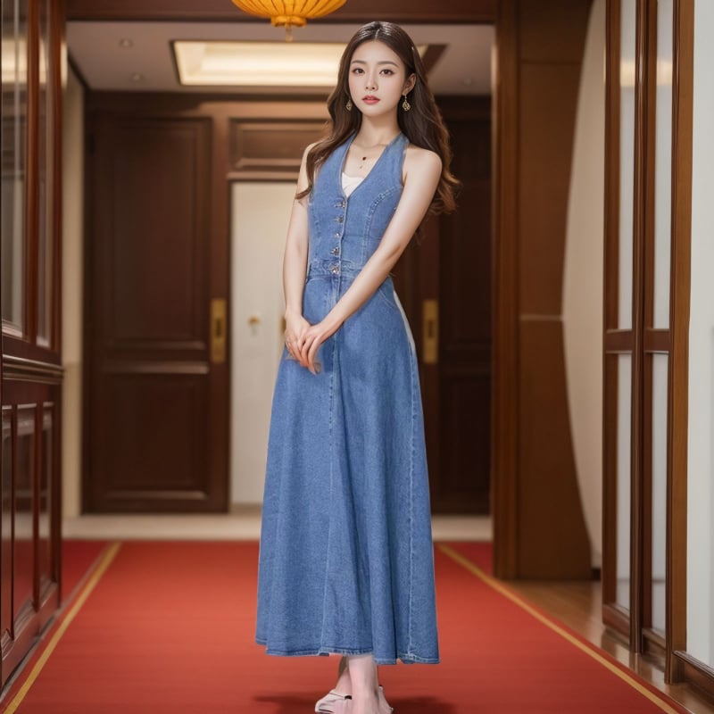 Denim šaty s halterneckom, A-líniou, stredná dĺžka, bez rukávov