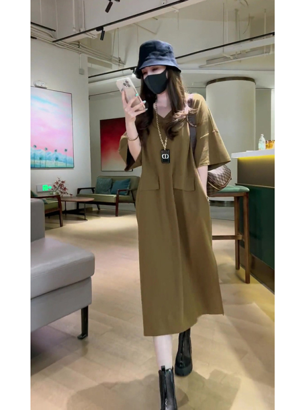 Šaty A‑líniové z bavlna-elastanovej zmesi, výstrih do V, raglánové krátke rukávy, vysoký pás