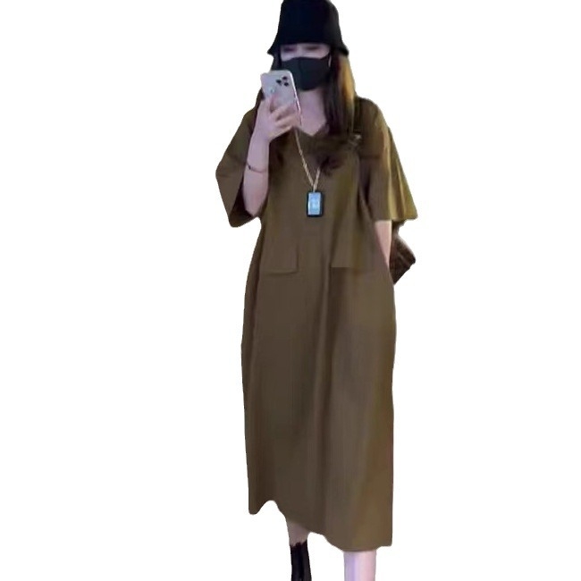 Šaty A‑líniové z bavlna-elastanovej zmesi, výstrih do V, raglánové krátke rukávy, vysoký pás