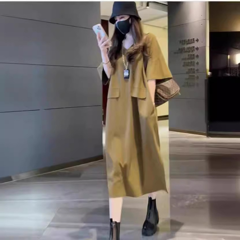 Šaty A‑líniové z bavlna-elastanovej zmesi, výstrih do V, raglánové krátke rukávy, vysoký pás