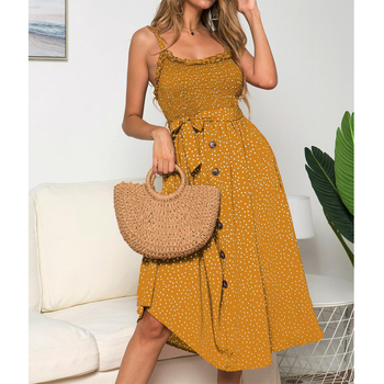 Dámske šaty bez rukávov s tenkými ramienkami, volány a bodkovaným vzorom, vysoký pás, midi dĺžka, zmes polyester-bavlna