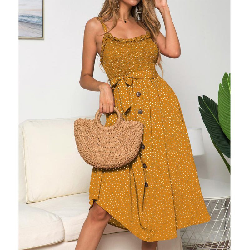 Dámske šaty bez rukávov s tenkými ramienkami, volány a bodkovaným vzorom, vysoký pás, midi dĺžka, zmes polyester-bavlna