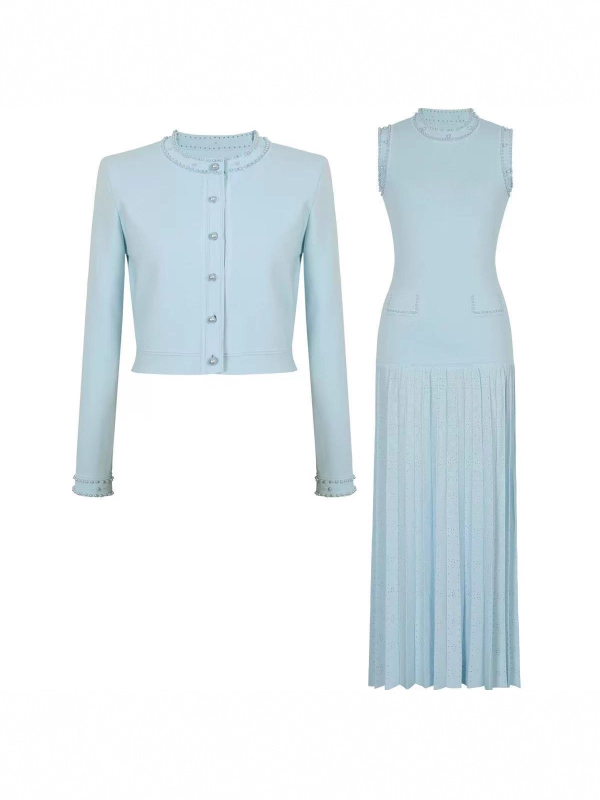 Set top tricotat din viscoză și rochie, guler rotund, talie medie, croială A-line, primăvara 2025