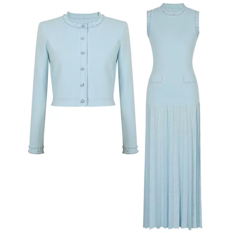 Set top tricotat din viscoză și rochie, guler rotund, talie medie, croială A-line, primăvara 2025