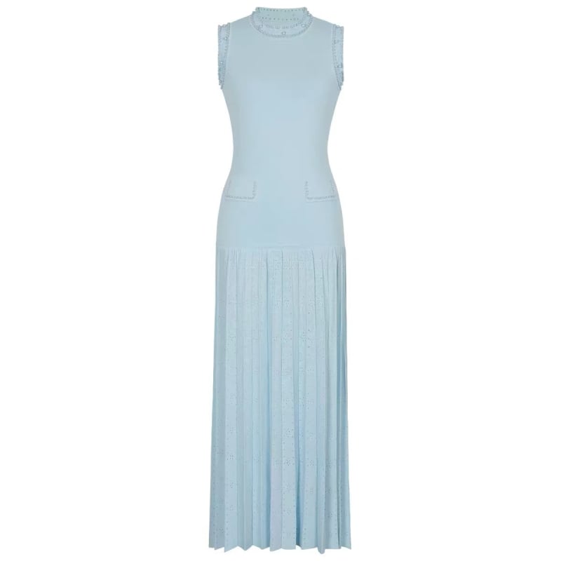 Set top tricotat din viscoză și rochie, guler rotund, talie medie, croială A-line, primăvara 2025