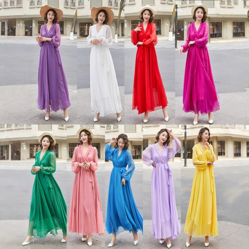 Šaty s dlhými rukávmi, výstrih do V, rukáv typu lotosového listu, jednofarebný vzor, tkanina: nylon