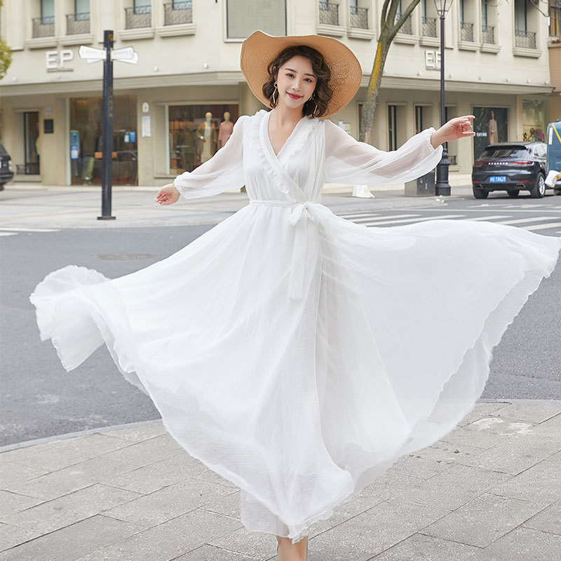 Šaty s dlhými rukávmi, výstrih do V, rukáv typu lotosového listu, jednofarebný vzor, tkanina: nylon