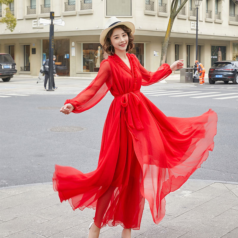 Šaty s dlhými rukávmi, výstrih do V, rukáv typu lotosového listu, jednofarebný vzor, tkanina: nylon