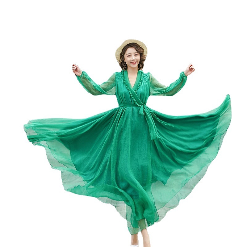 Šaty s dlhými rukávmi, výstrih do V, rukáv typu lotosového listu, jednofarebný vzor, tkanina: nylon