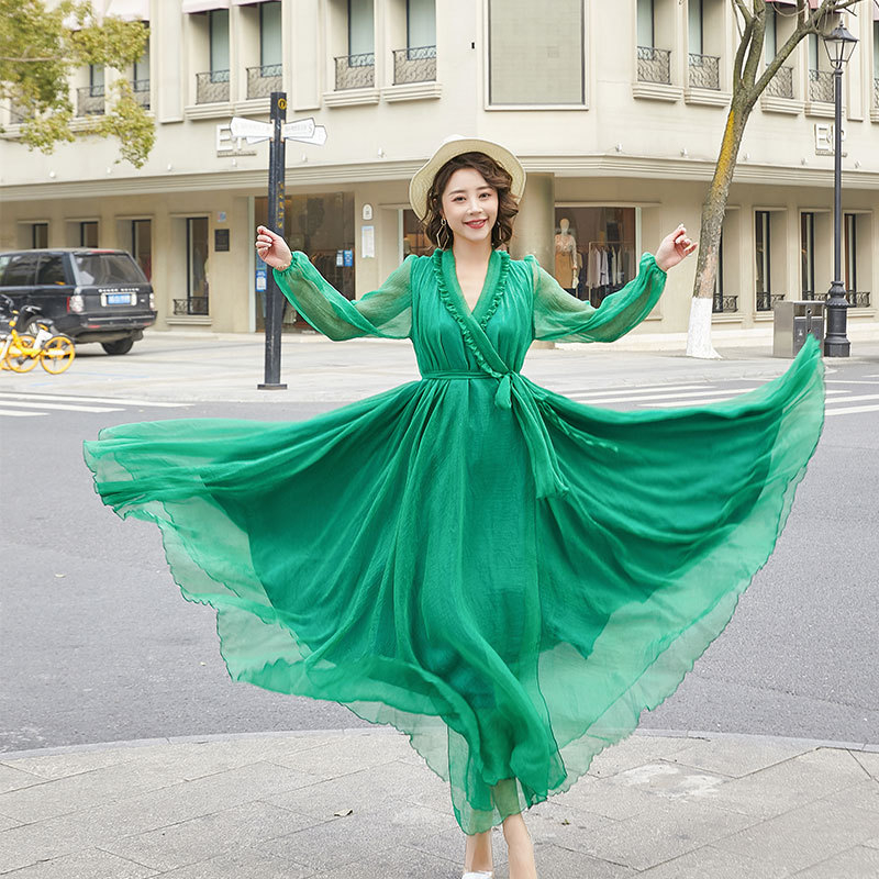 Šaty s dlhými rukávmi, výstrih do V, rukáv typu lotosového listu, jednofarebný vzor, tkanina: nylon