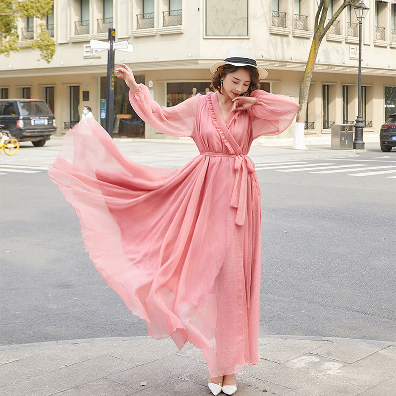 Šaty s dlhými rukávmi, výstrih do V, rukáv typu lotosového listu, jednofarebný vzor, tkanina: nylon