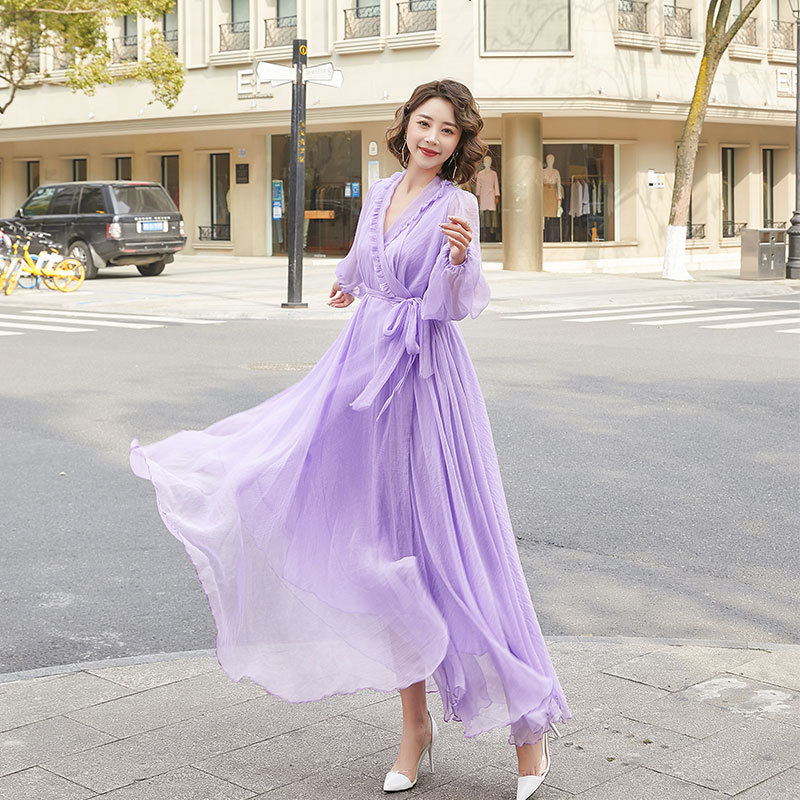 Šaty s dlhými rukávmi, výstrih do V, rukáv typu lotosového listu, jednofarebný vzor, tkanina: nylon