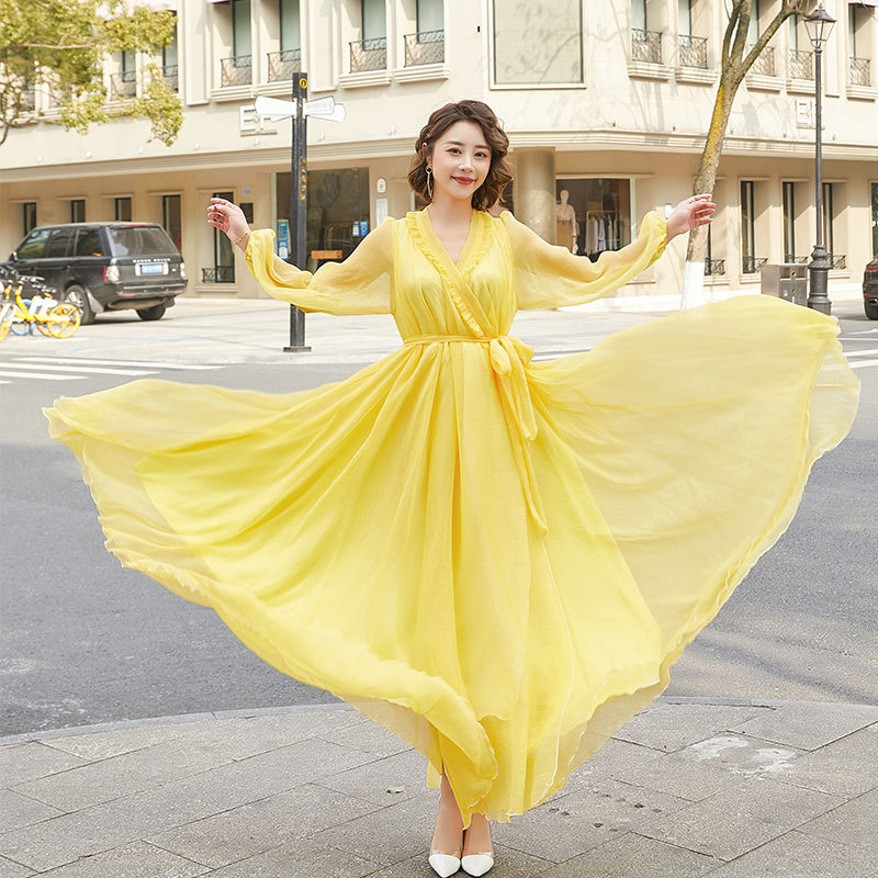 Šaty s dlhými rukávmi, výstrih do V, rukáv typu lotosového listu, jednofarebný vzor, tkanina: nylon