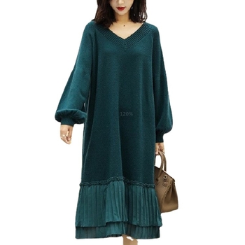 Pletené šaty, dĺžka nad kolená, A-line strih, V výstrih, dlhé balónové rukávy