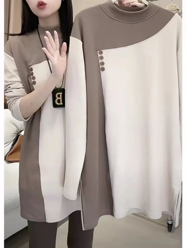 Полиестерен пуловер топ с цветни блокове, дълъг ръкав и кръгла яка