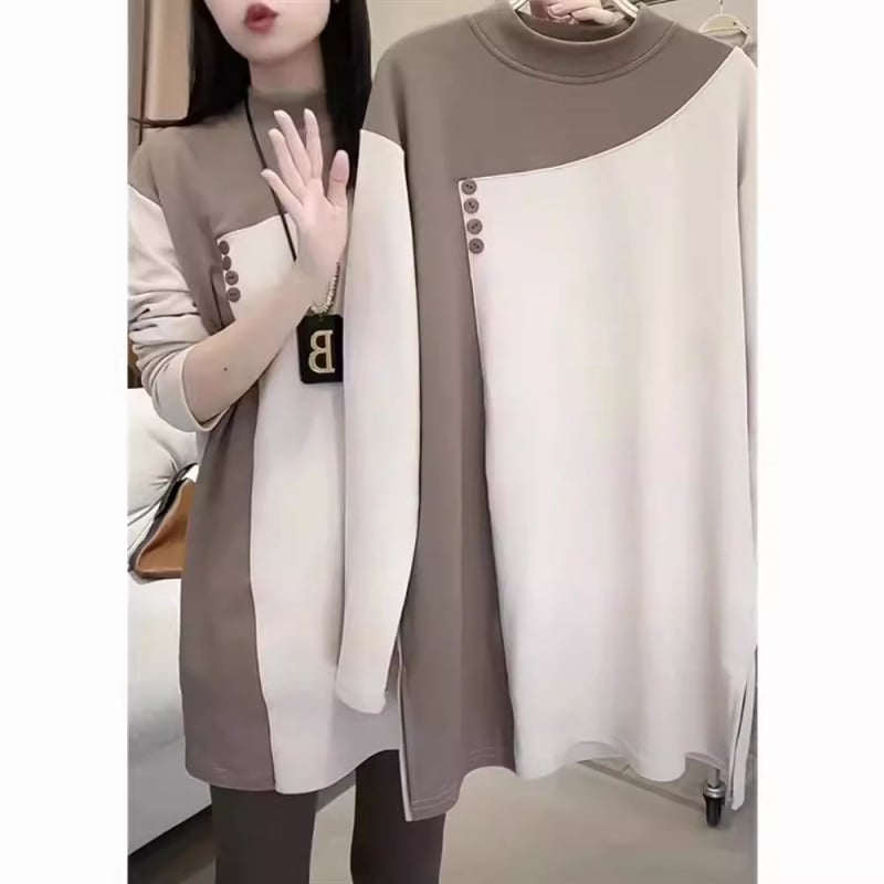 Полиестерен пуловер топ с цветни блокове, дълъг ръкав и кръгла яка