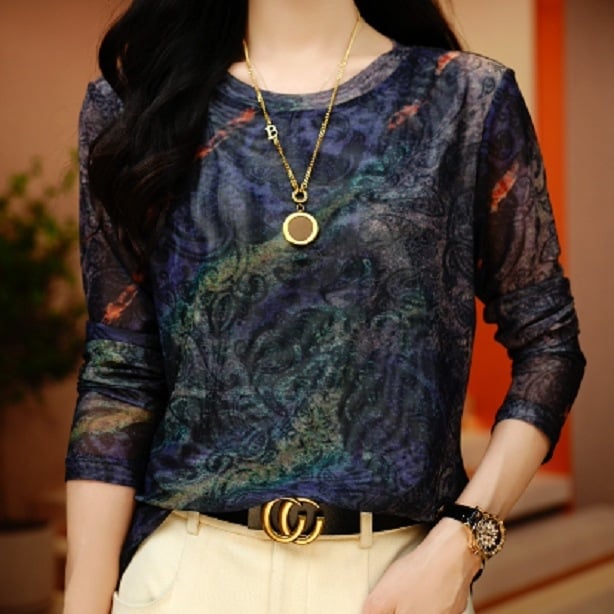 Тениска с кръгло деколте, флорална шарка, дълги ръкави, мрежеста вложка, градски стил