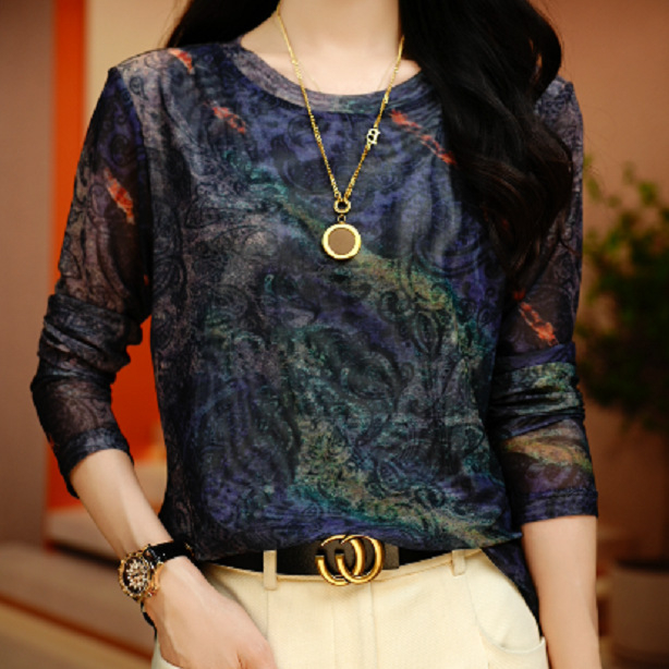 Тениска с кръгло деколте, флорална шарка, дълги ръкави, мрежеста вложка, градски стил