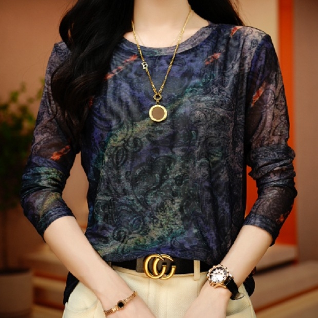 Тениска с кръгло деколте, флорална шарка, дълги ръкави, мрежеста вложка, градски стил