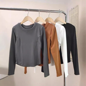 Дамски базов топ с дълги ръкави Derong велюр, тясно прилепнал силует, кръгло деколте, бръснат плат, полиестер/еластан, есен 2024