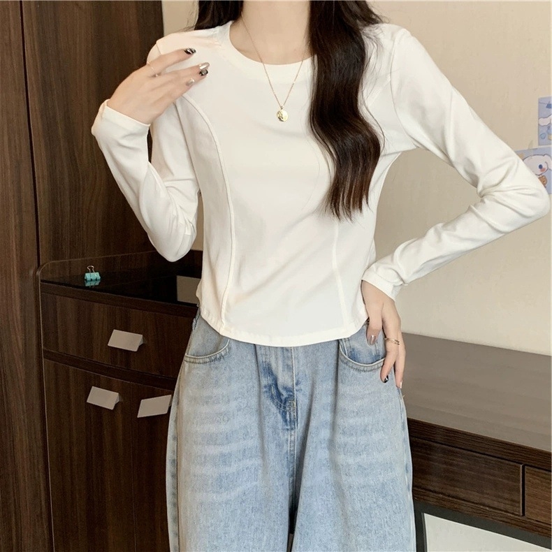 Дамски базов топ с дълги ръкави Derong велюр, тясно прилепнал силует, кръгло деколте, бръснат плат, полиестер/еластан, есен 2024