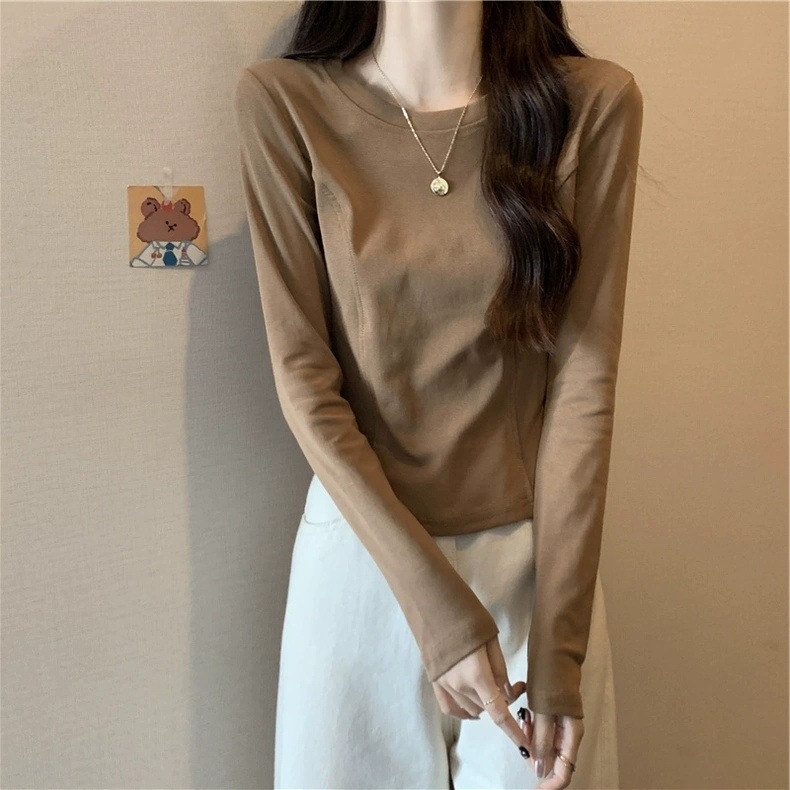 Дамски базов топ с дълги ръкави Derong велюр, тясно прилепнал силует, кръгло деколте, бръснат плат, полиестер/еластан, есен 2024