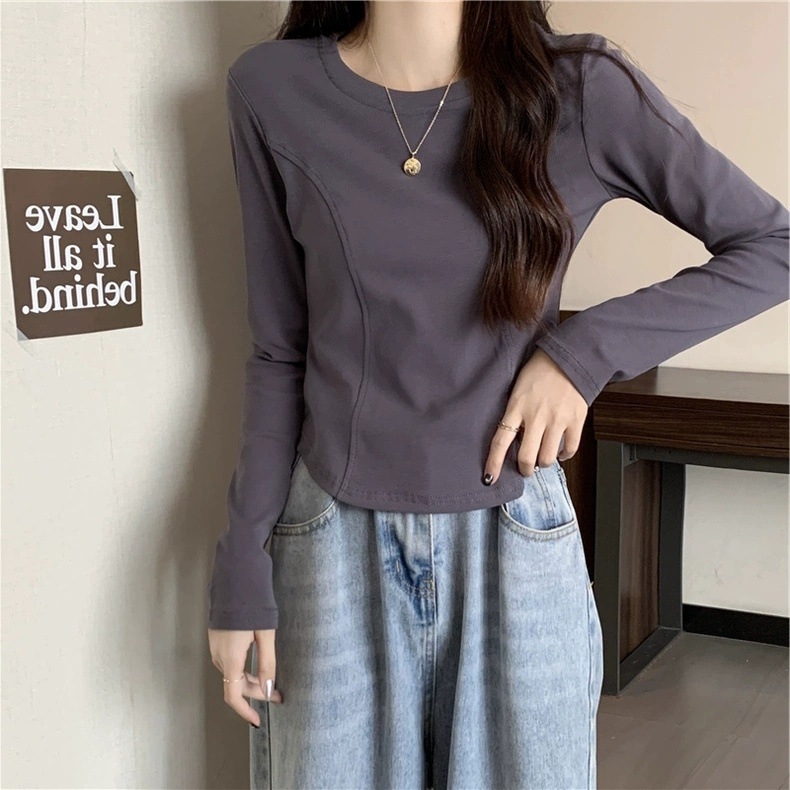 Дамски базов топ с дълги ръкави Derong велюр, тясно прилепнал силует, кръгло деколте, бръснат плат, полиестер/еластан, есен 2024