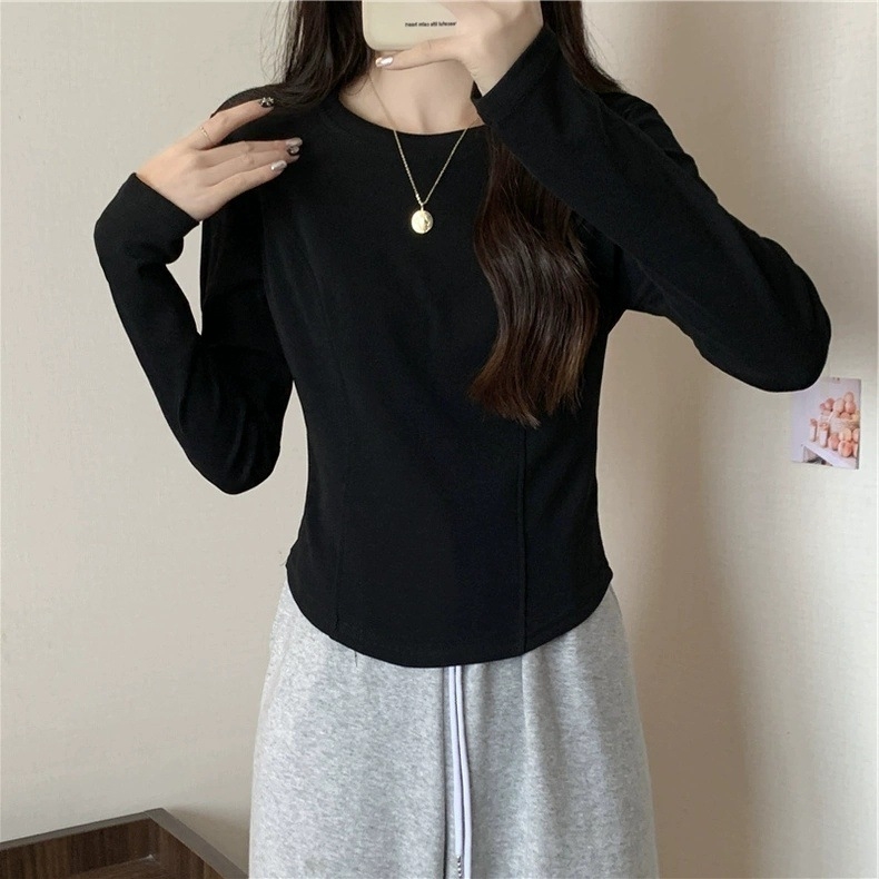 Дамски базов топ с дълги ръкави Derong велюр, тясно прилепнал силует, кръгло деколте, бръснат плат, полиестер/еластан, есен 2024