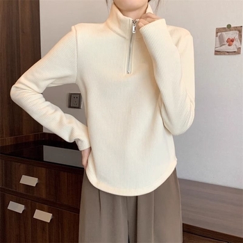 Тениска Oversize със стойка яка, принцес ръкави и бродерия върху гладък плат (Oversize тип; Стойка яка; Принцес ръкави; Бродерия; Гладък плат)