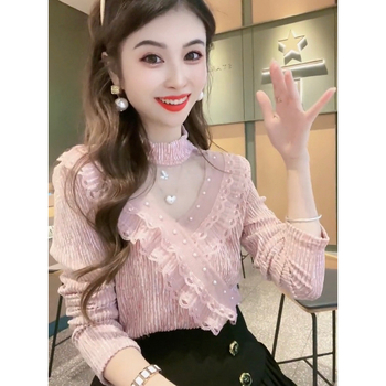 Пуловер топ с дълги ръкави, половин поло яка, тънък силует, полиестер