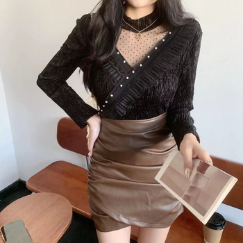 Пуловер топ с дълги ръкави, половин поло яка, тънък силует, полиестер