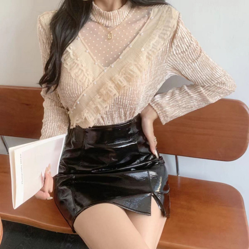 Пуловер топ с дълги ръкави, половин поло яка, тънък силует, полиестер