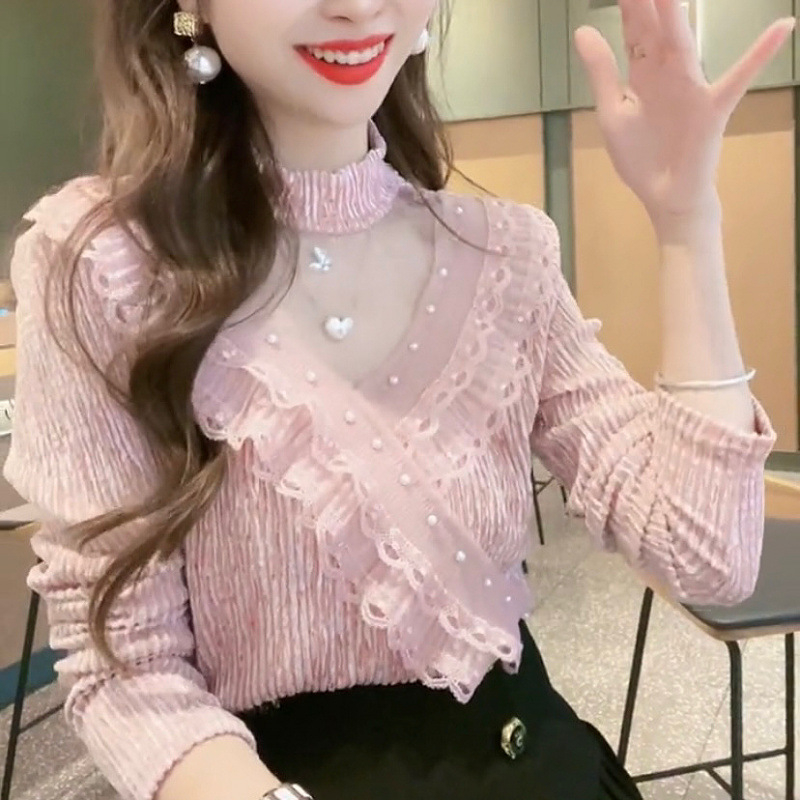 Пуловер топ с дълги ръкави, половин поло яка, тънък силует, полиестер