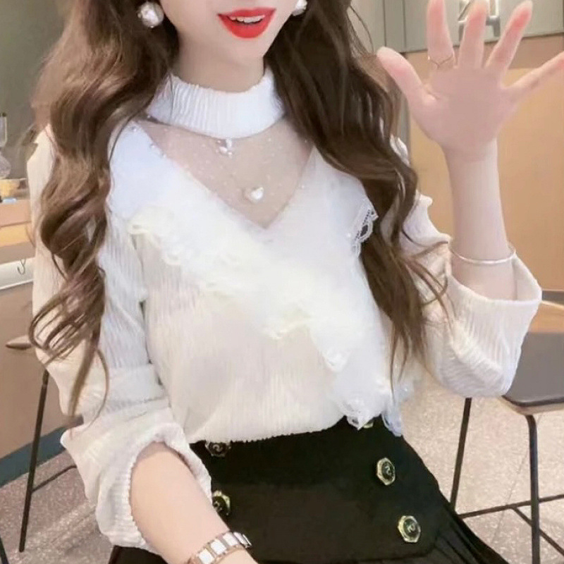 Пуловер топ с дълги ръкави, половин поло яка, тънък силует, полиестер