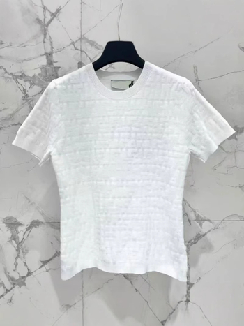 Плетен топ с къси ръкави, тясно прилепващ модел, кръгло деколте, релефен жакард с букви, полиестер, лято 2024